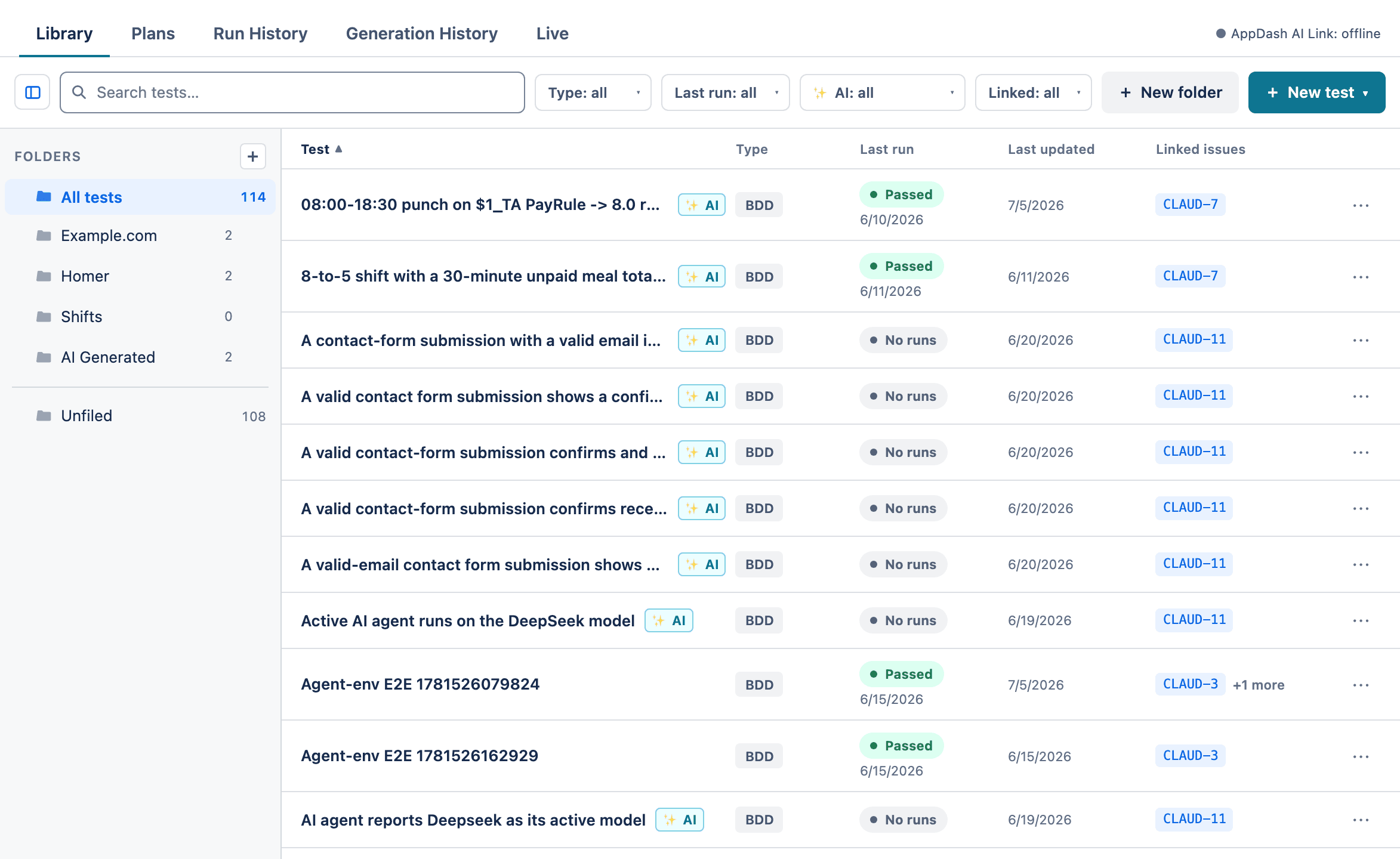 The VibeTest Test Library in Jira: a folder tree (All tests, Example.com, Homer, Shifts, AI Generated, Unfiled) beside a grid of tests showing type, last-run status, last updated, and linked issues.