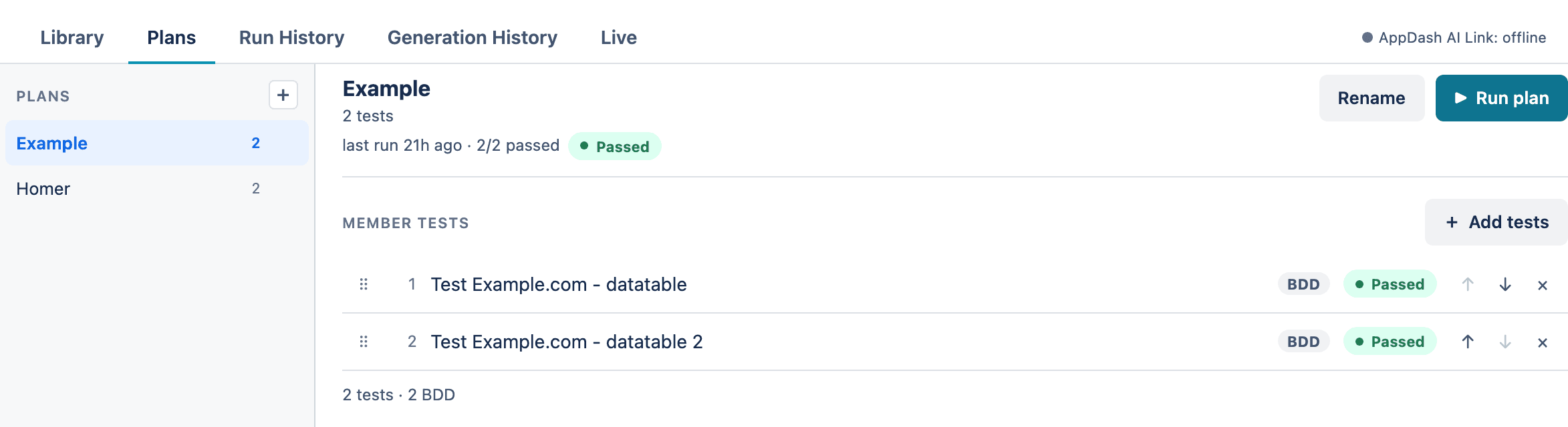 The Test Plans tab: a plan named Example with two BDD member tests, each marked Passed, a last-run health line reading 2 of 2 passed, and a Run plan button.