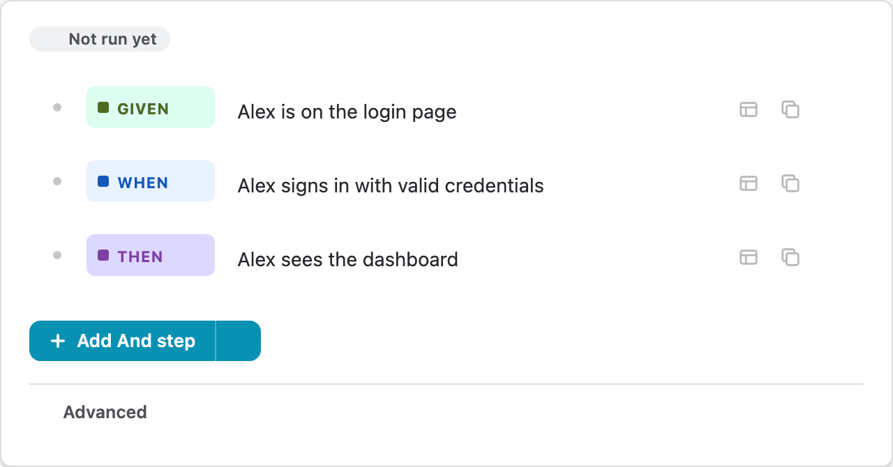 The VibeTest BDD editor with a Given/When/Then scenario: Given Alex is on the login page, When Alex signs in with valid credentials, Then Alex sees the dashboard.