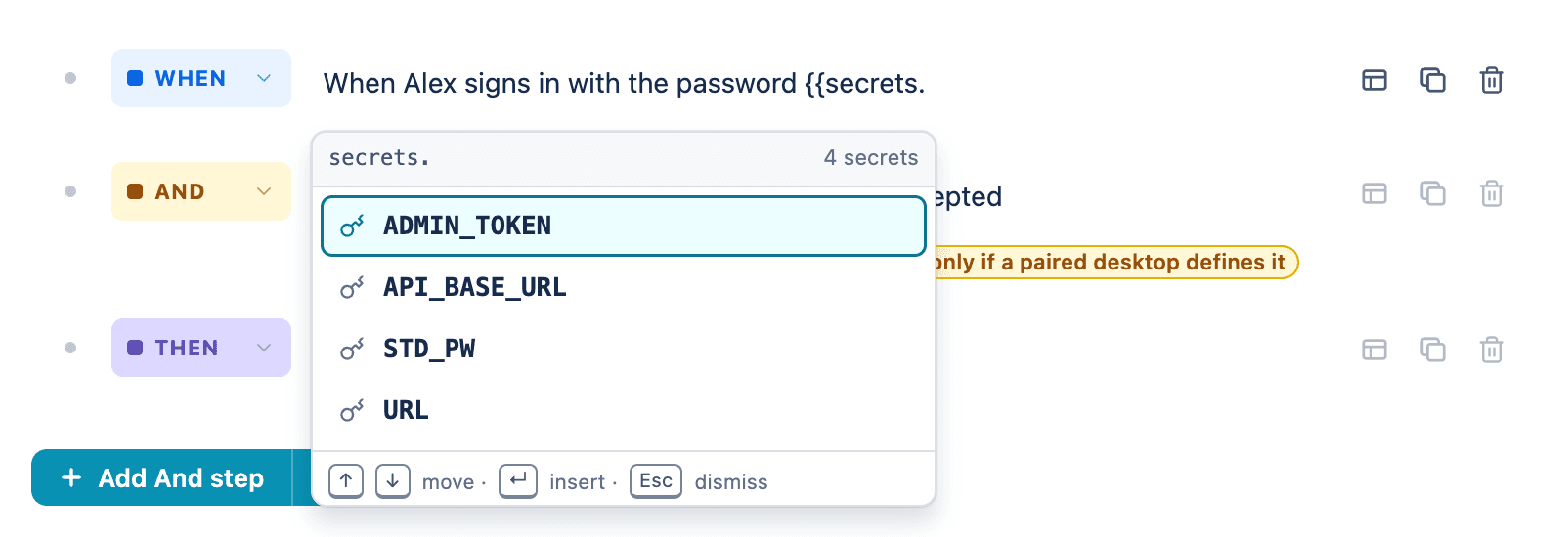 Typing {{secrets. in a test step shows an autocomplete list of available secret names like ADMIN_TOKEN and API_BASE_URL.
