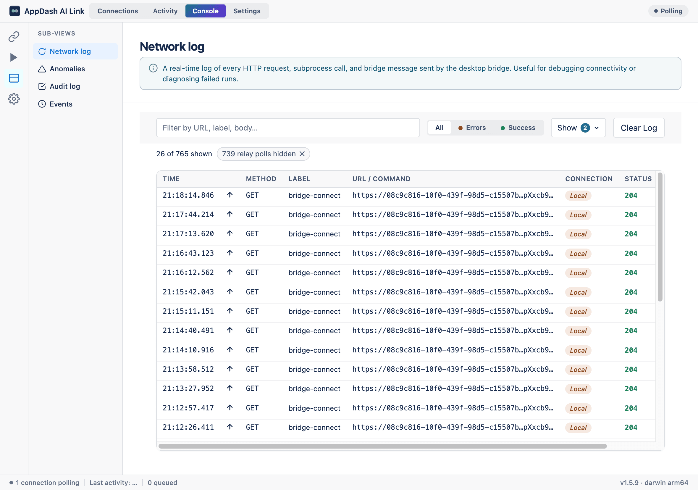 The AppDash AI Link desktop app, showing its run console.