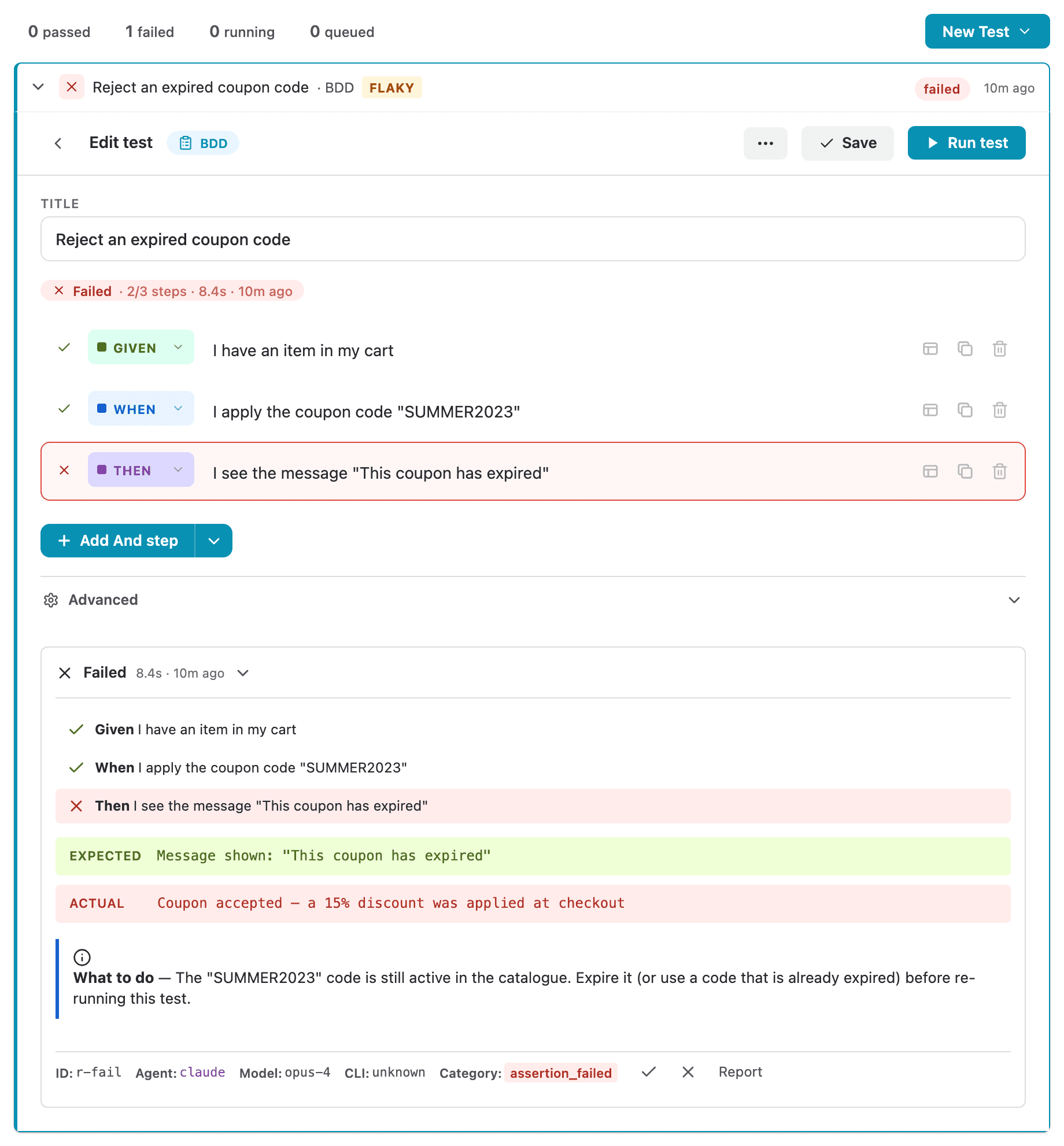 A failed test result showing the expected versus actual outcome and a plain-English explanation of what to do next.