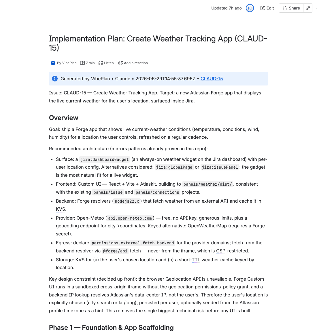 A published Confluence plan page titled Payment-retry implementation plan, with a Generated by VibePlan info header and phased sections.