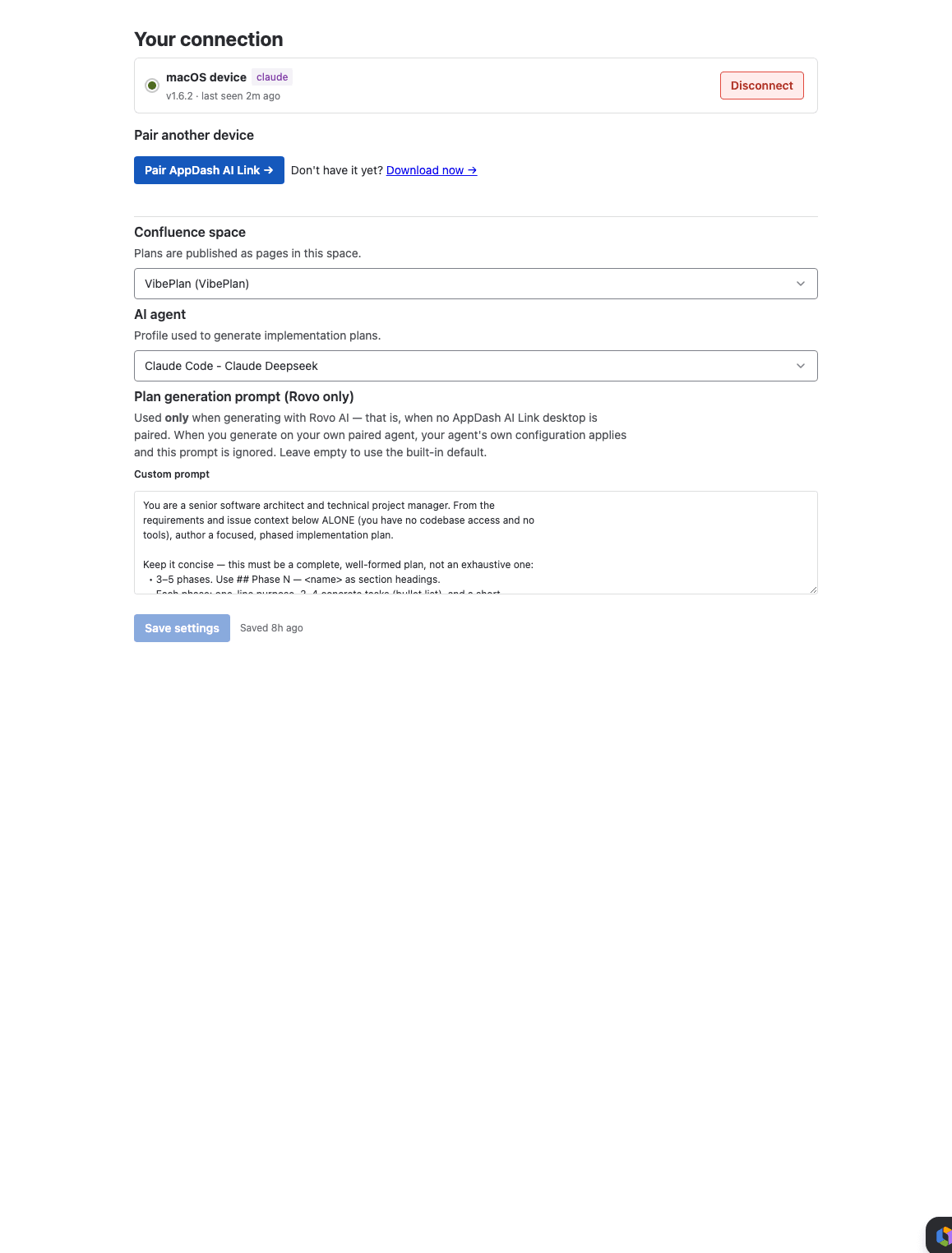 The VibePlan project-settings page with a Confluence space dropdown and an AI-agent profile selector.