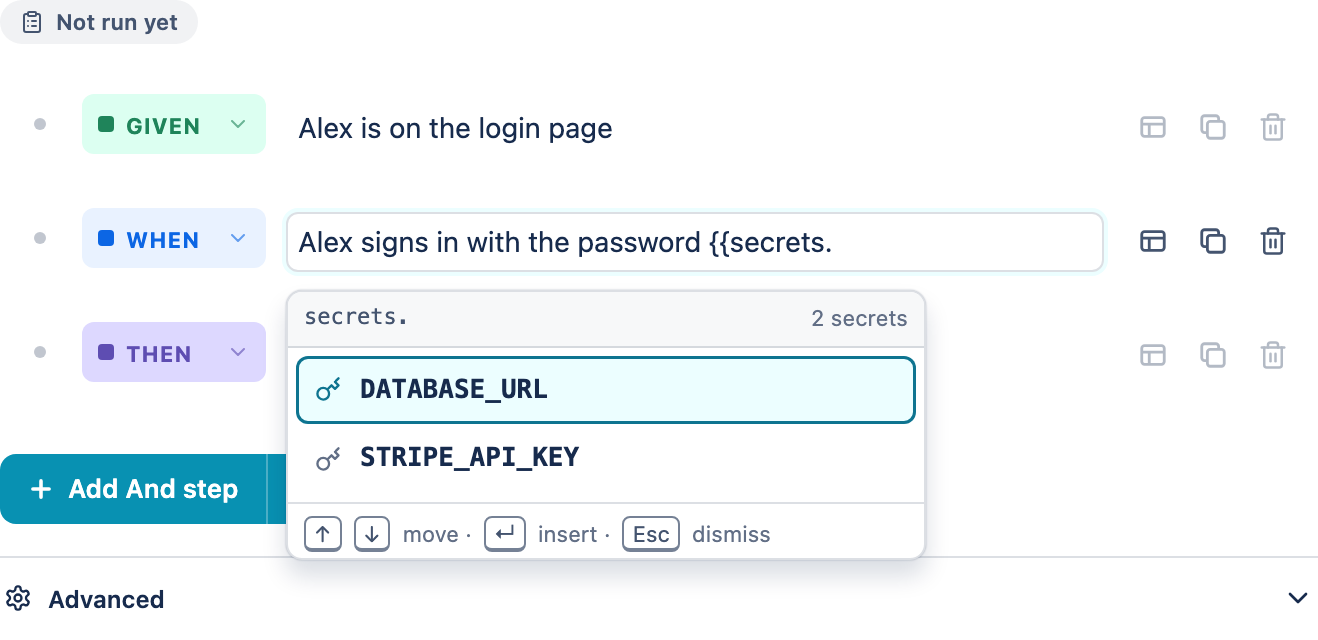 A BDD step body with the secret autocomplete open: a listbox headed secrets dot with a count, listing stored secret names each with a key glyph, and a footer showing arrow keys to move, enter to insert, escape to dismiss.