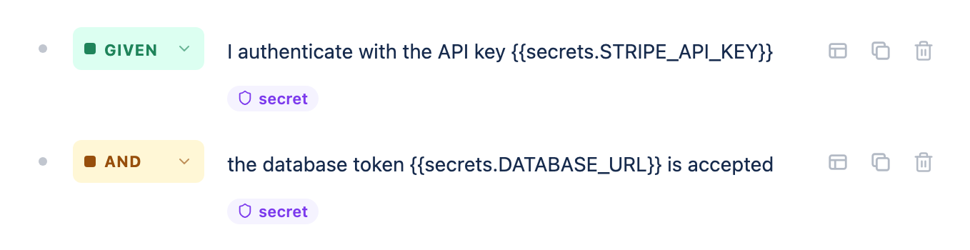 Two BDD steps that reference secrets via double-brace placeholders, each showing a shield secret badge beneath the step text.