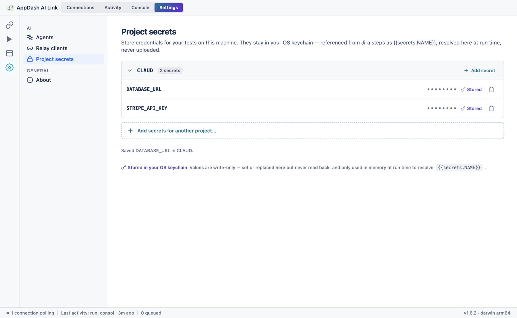 The Project secrets screen in the desktop app's Settings tab, showing collapsible groups per Jira project, each listing secret names with a masked Stored badge and a delete icon.
