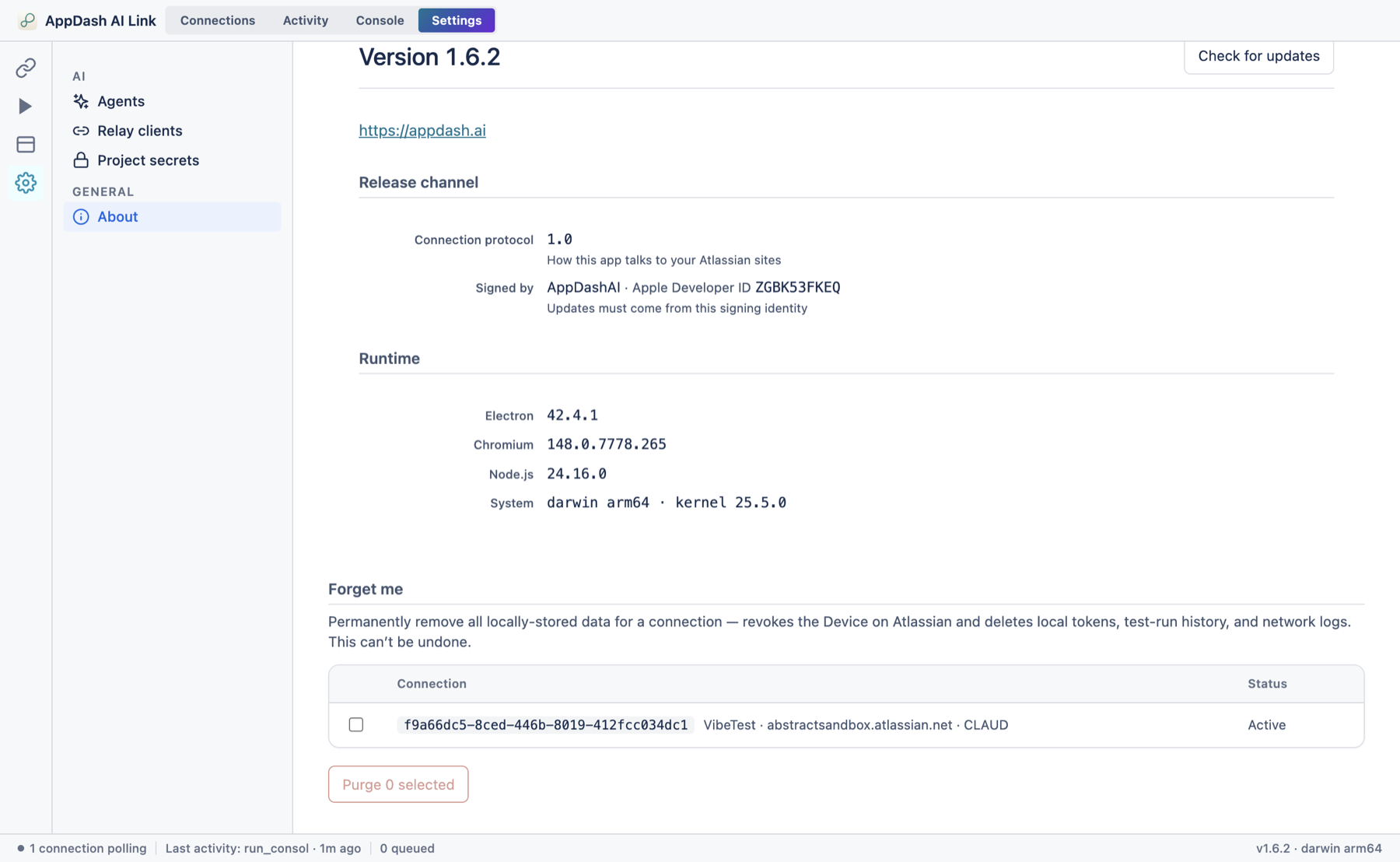The Forget me section inside the About page, listing the local data that will be deleted.