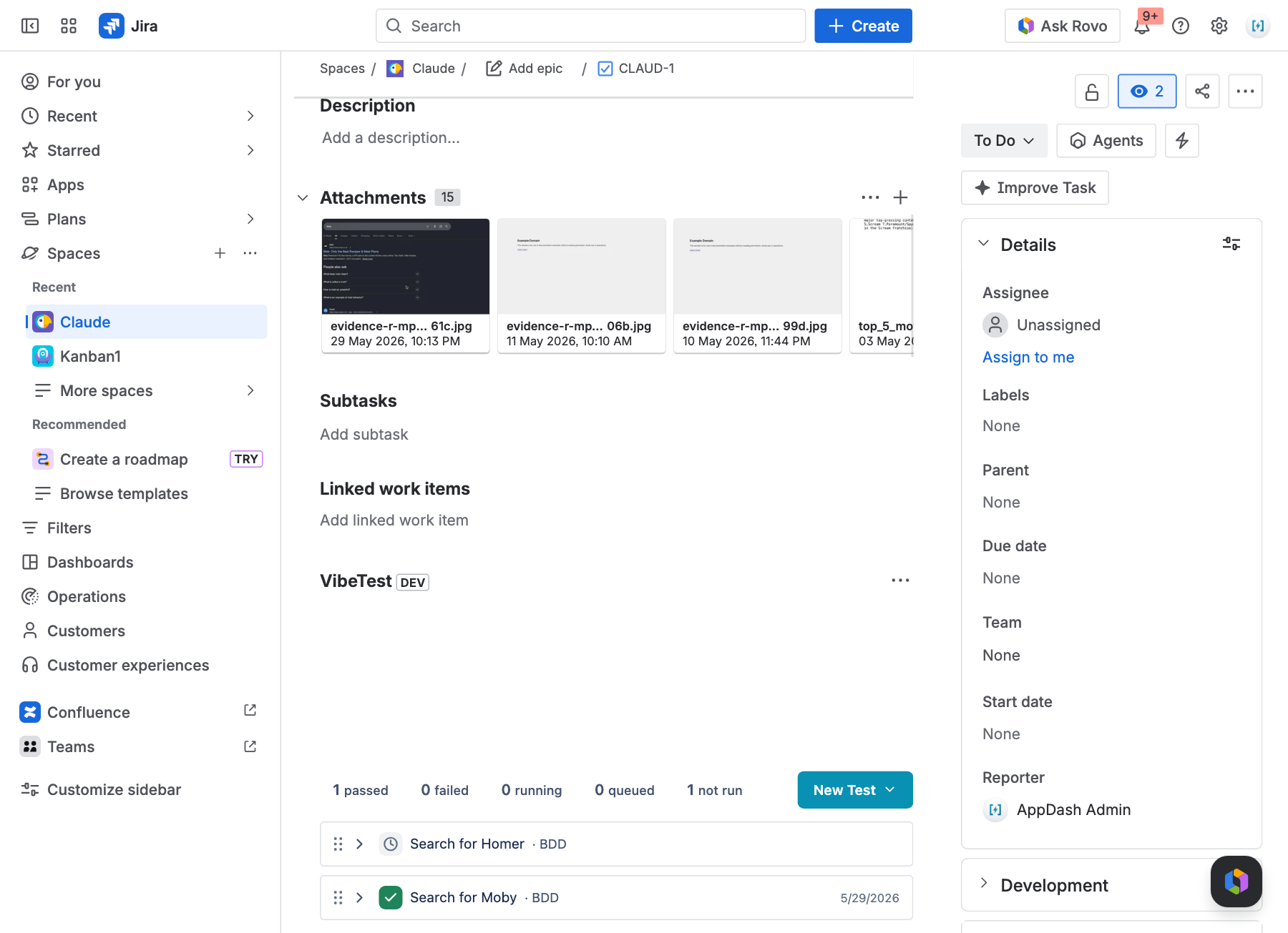 A Jira issue with the VibeTest panel embedded as a Tests section, showing status tiles and a list of tests with pass/fail results.