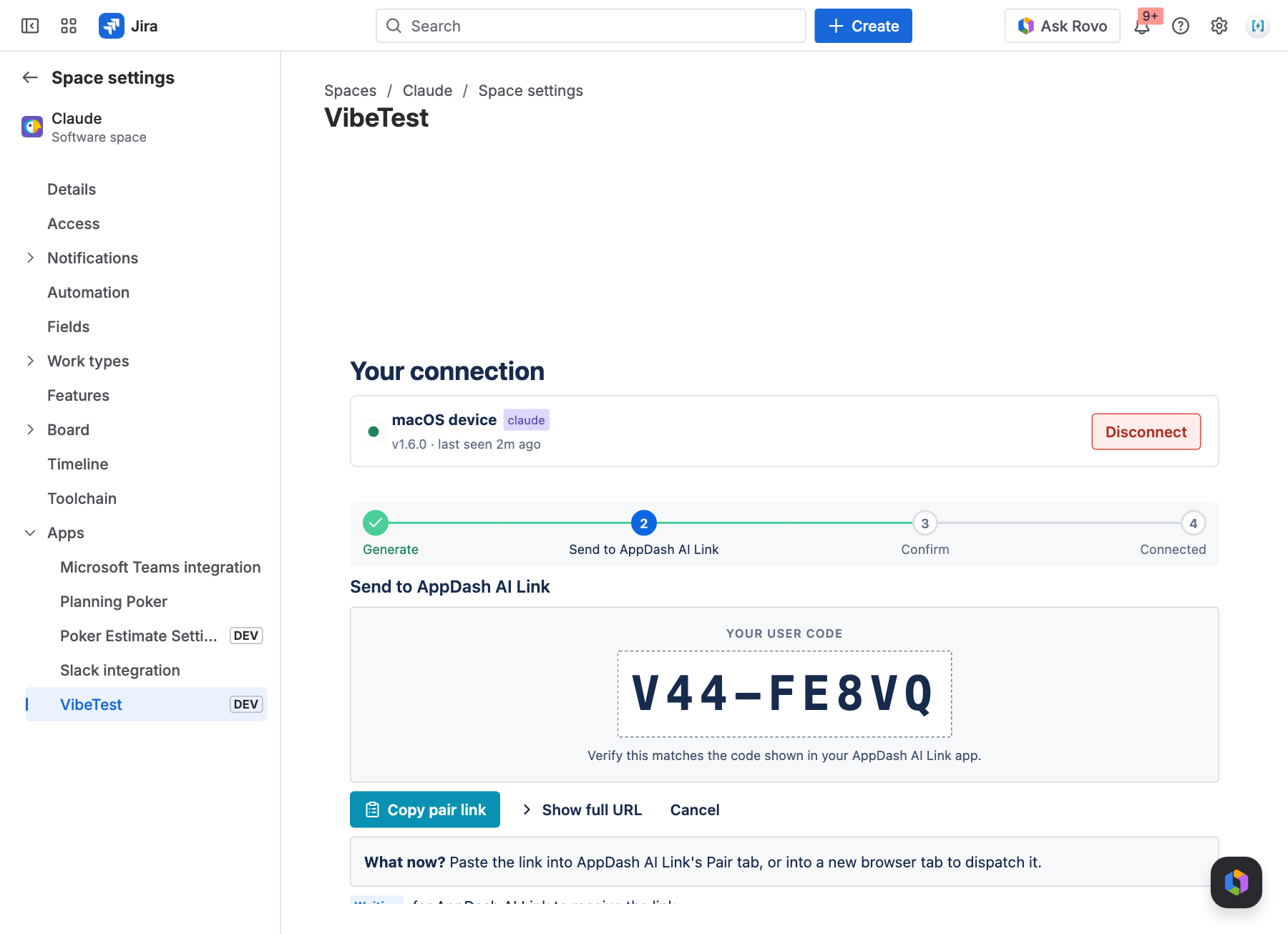 The Send to desktop stage in Jira, showing a large user code V44-FE8VQ and Copy pair link, Show full URL, and Cancel buttons.