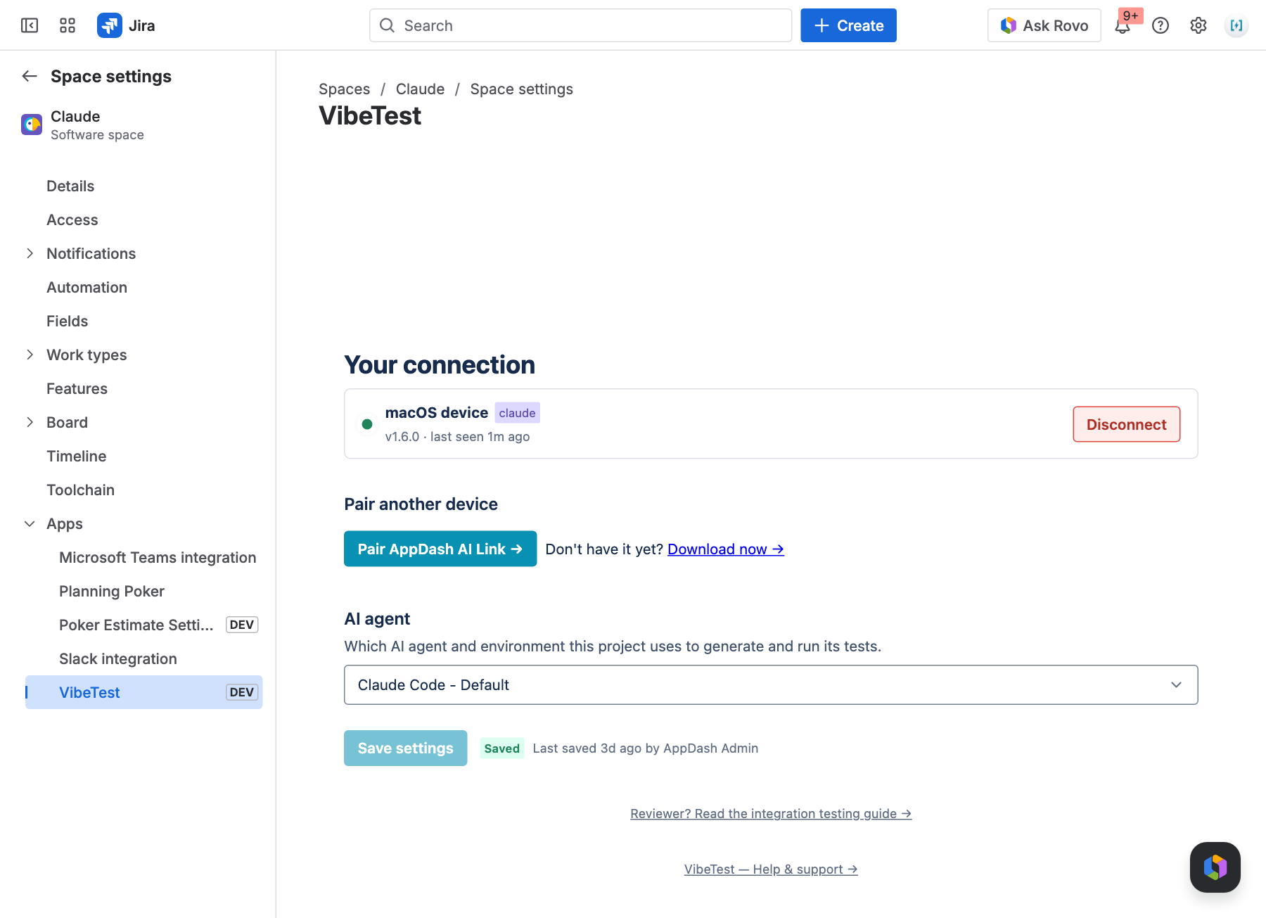 The VibeTest by AppDash Connections page in Jira project settings, showing the paired macOS desktop under Your connection, a Pair AppDash AI Link button, and the AI-agent selector.