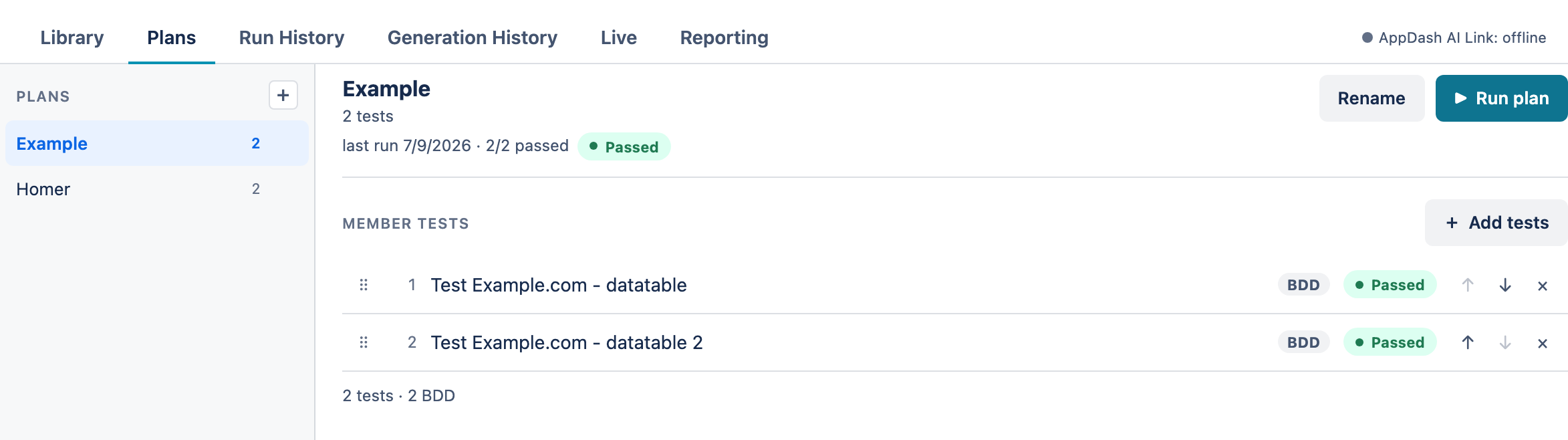 The Plans tab: a plan list on the left with two named plans and their test counts, and the selected plan showing its last-run health line, a Run plan button, and two ordered member tests with drag grips, reorder arrows and remove buttons.
