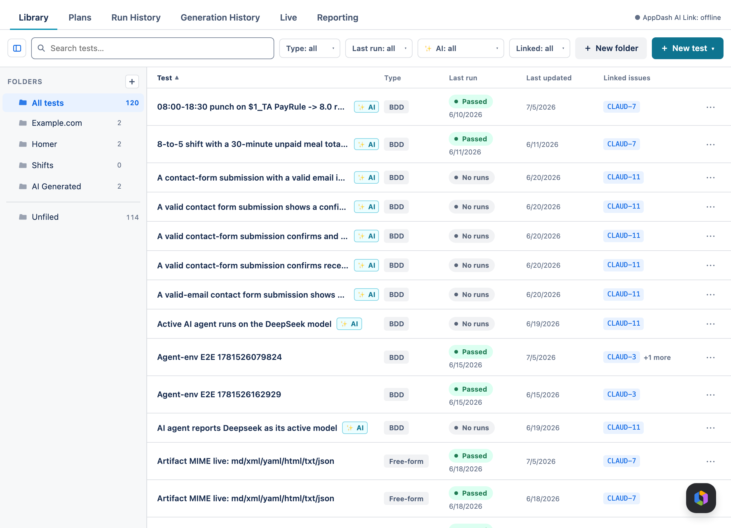 The VibeTest Library tab: six top tabs, a folder tree listing All tests, named folders and Unfiled, and a test grid with Test, Type, Last run, Last updated and Linked issues columns, sorted ascending by Test.