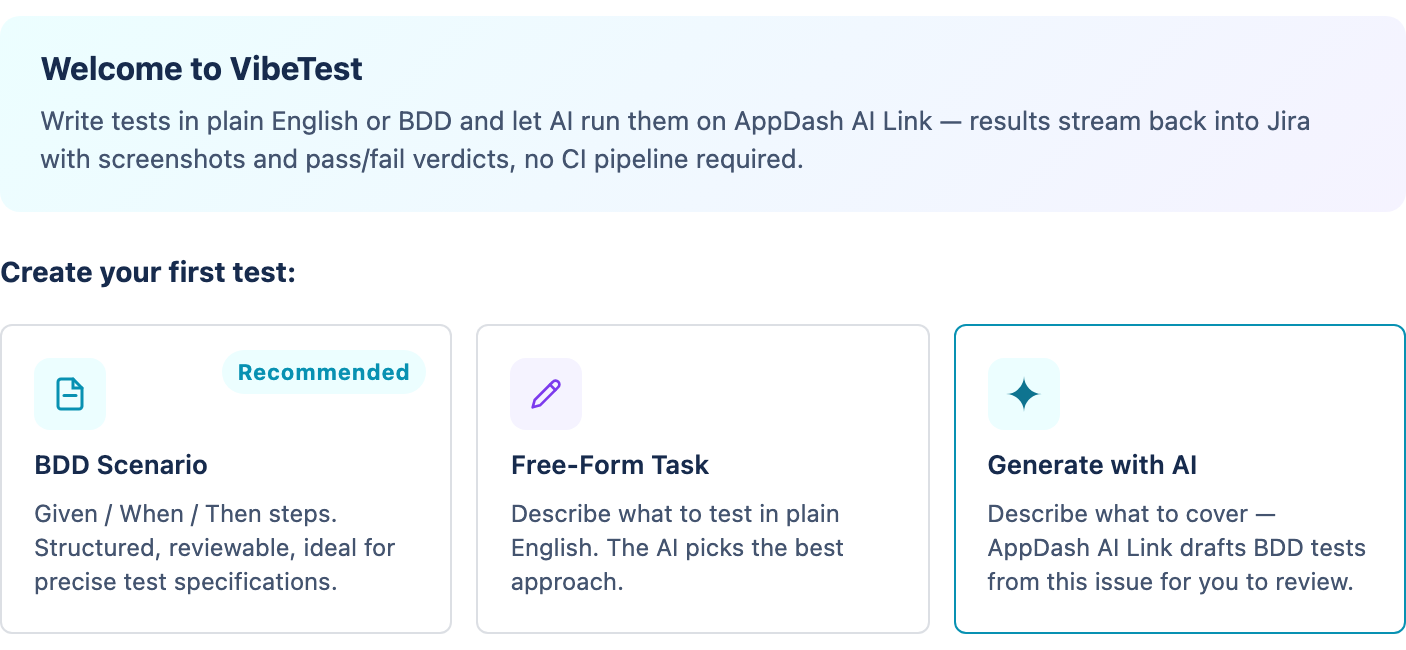 The VibeTest panel welcome screen with three cards: BDD Scenario (recommended), Free-Form Task, and Generate with AI.
