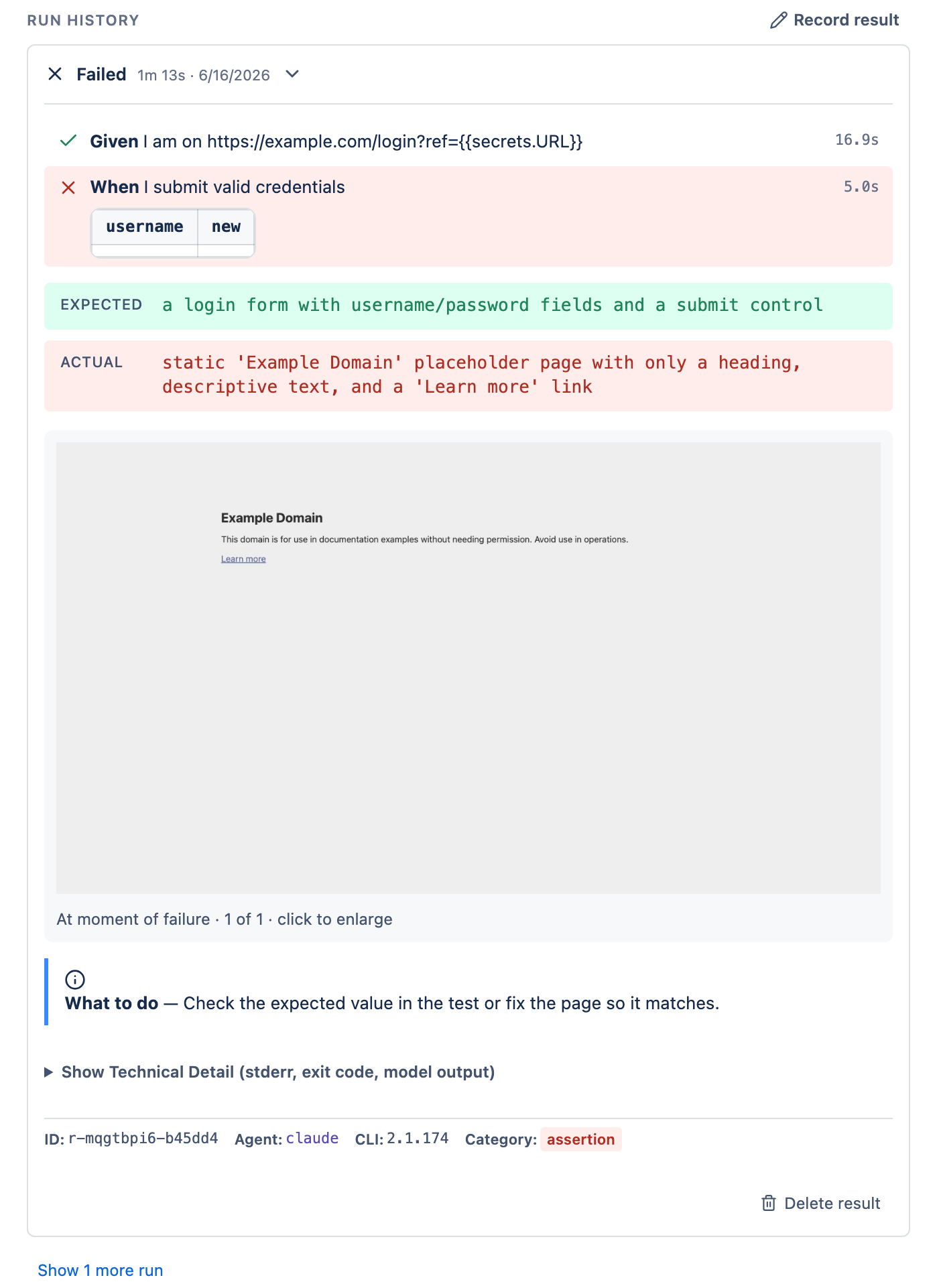 A failed test showing the failing step in red, an Expected vs Actual evidence panel, a What to do remediation note, and an audit footer.