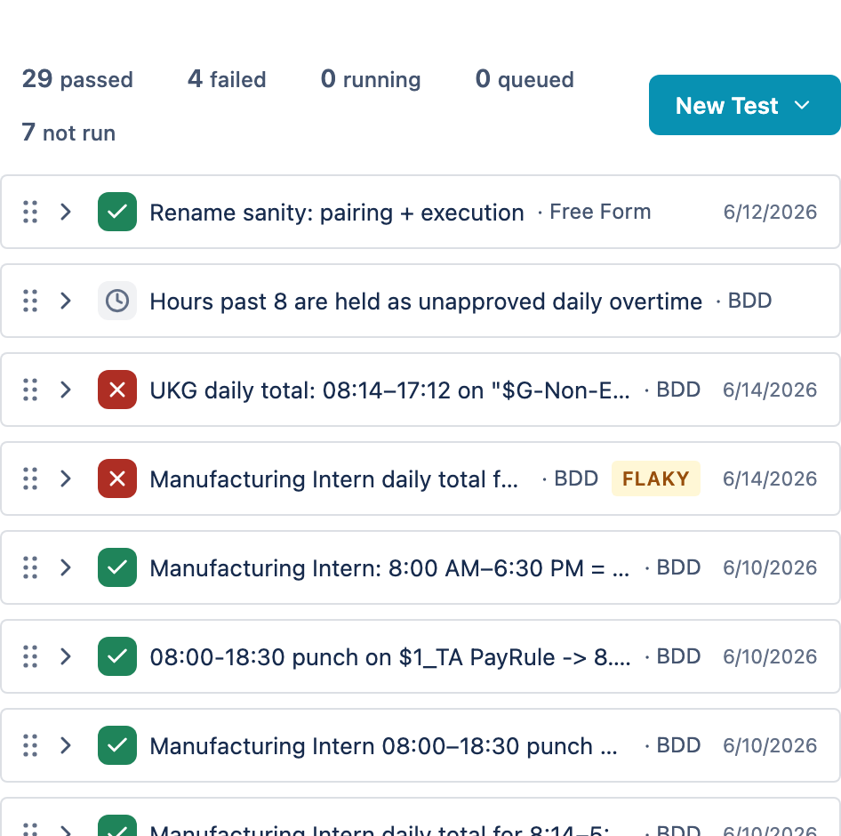 The test list with status tiles reading 1 passed, 1 failed, 0 running, 0 queued, a New Test button, and two test rows with status pills.
