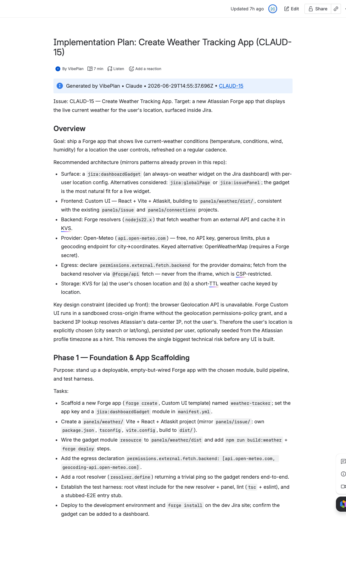A published Confluence plan page titled Payment-retry implementation plan, with a Generated by VibePlan info panel at the top, phased sections each with tasks, and an overall effort line.