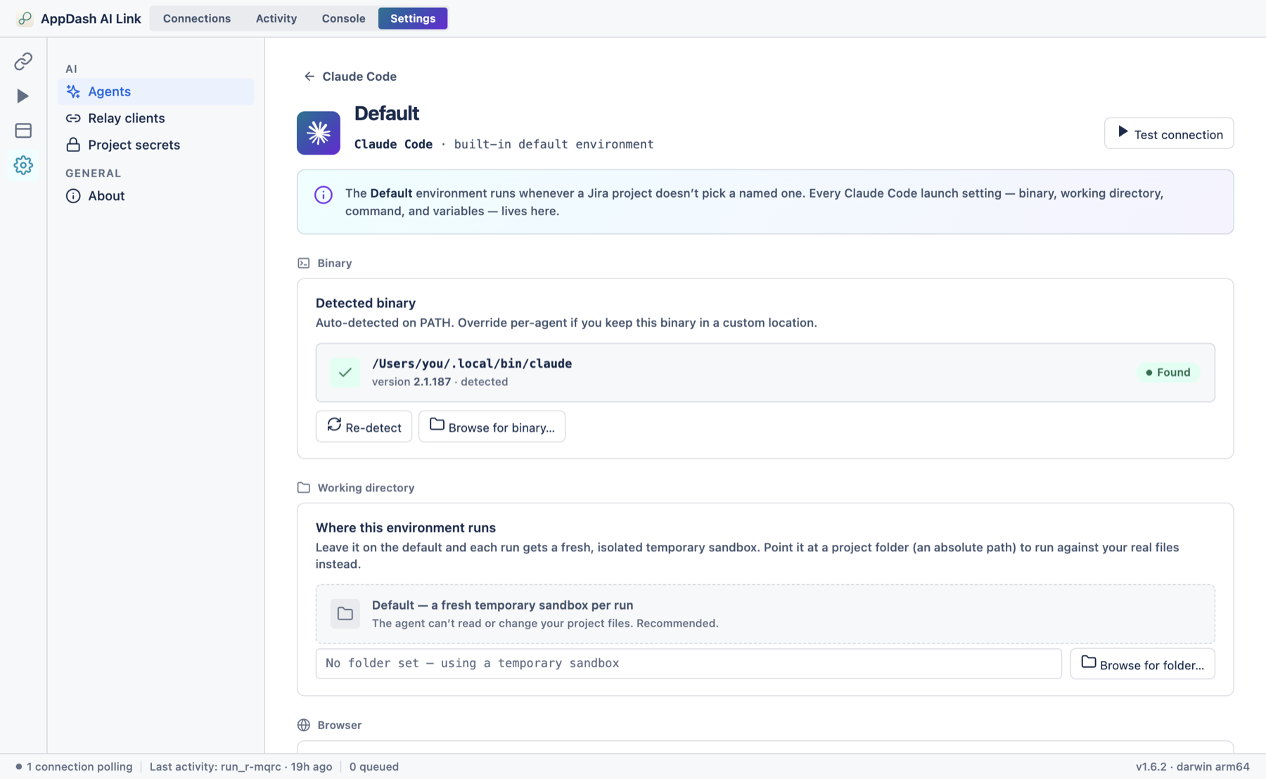 An agent profile configuration screen with binary path, working directory, launch command template, environment variables, advanced timeouts, command preview, and a Test connection button.