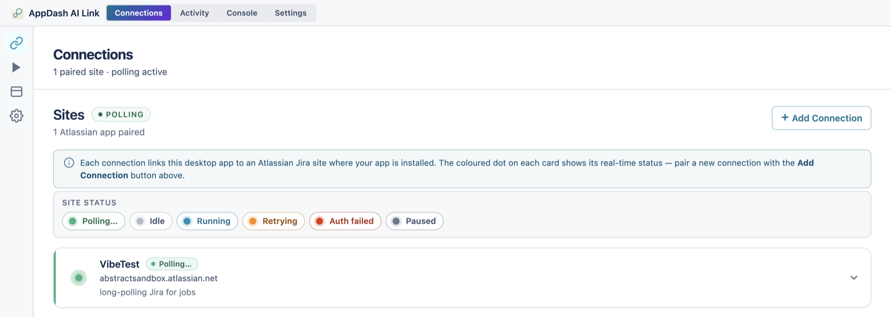 The AppDash AI Link desktop app on the Connections tab, showing a paired Atlassian Jira site under Sites with a live status dot.