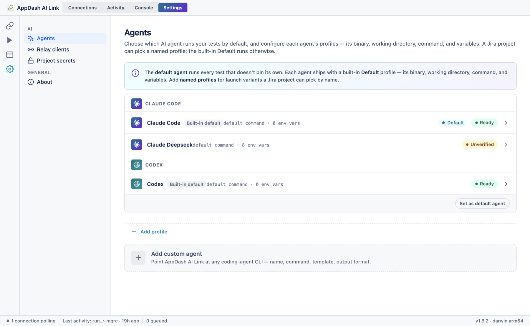 Settings on the Agents screen, showing a list of agent profiles with a Default row, named profiles, and an Add custom agent option, with a sidebar grouping AI and General settings.